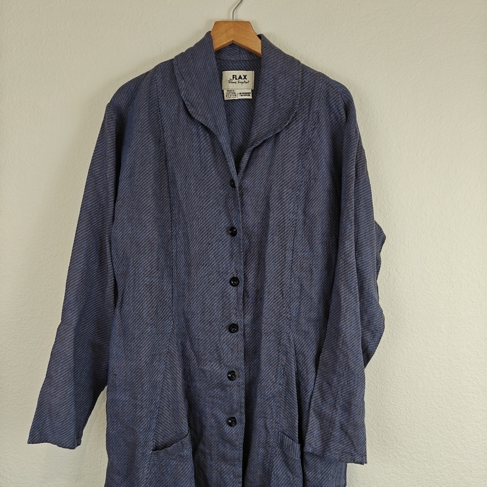 FLAX Jeanne Engelhart VTG 100% Linen Long Sleeve Jacket Pockets Blue Button M - Picture 6 of 13